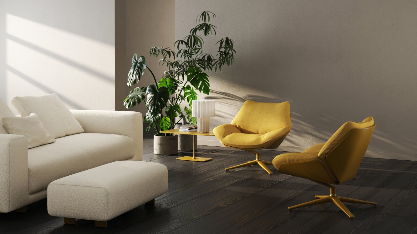 Gelber Shrimp Cocktailsessel mit Drehfunktion im modernen Wohnzimmer, bequeme Sitzmöbel.