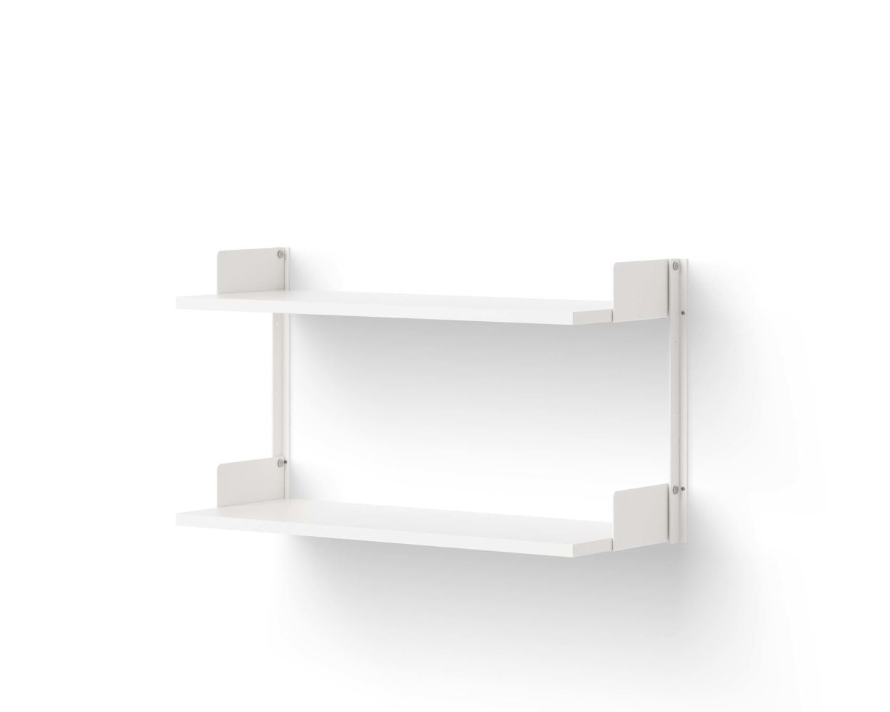 Weißes New Works Wandregal 450 mit zwei Ablageflächen, minimalistisches Design für Wohnzimmer und Büro.