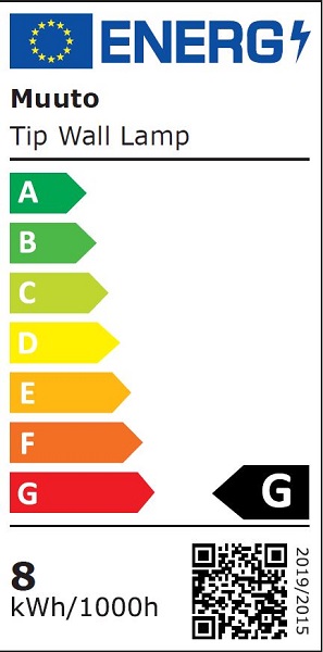 Energielabel für Muuto Tip Wall Lamp Wandleuchte in Weiß, Energieeffizienzklasse G, Stromverbrauch 8 kWh/1000h.