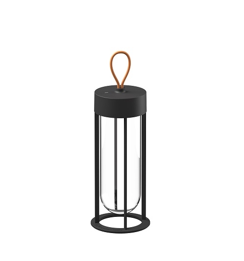 Schwarze Flos In Vitro Unplugged Akkuleuchte mit Glaszylinder und Ledergriff, moderne Tischleuchte.