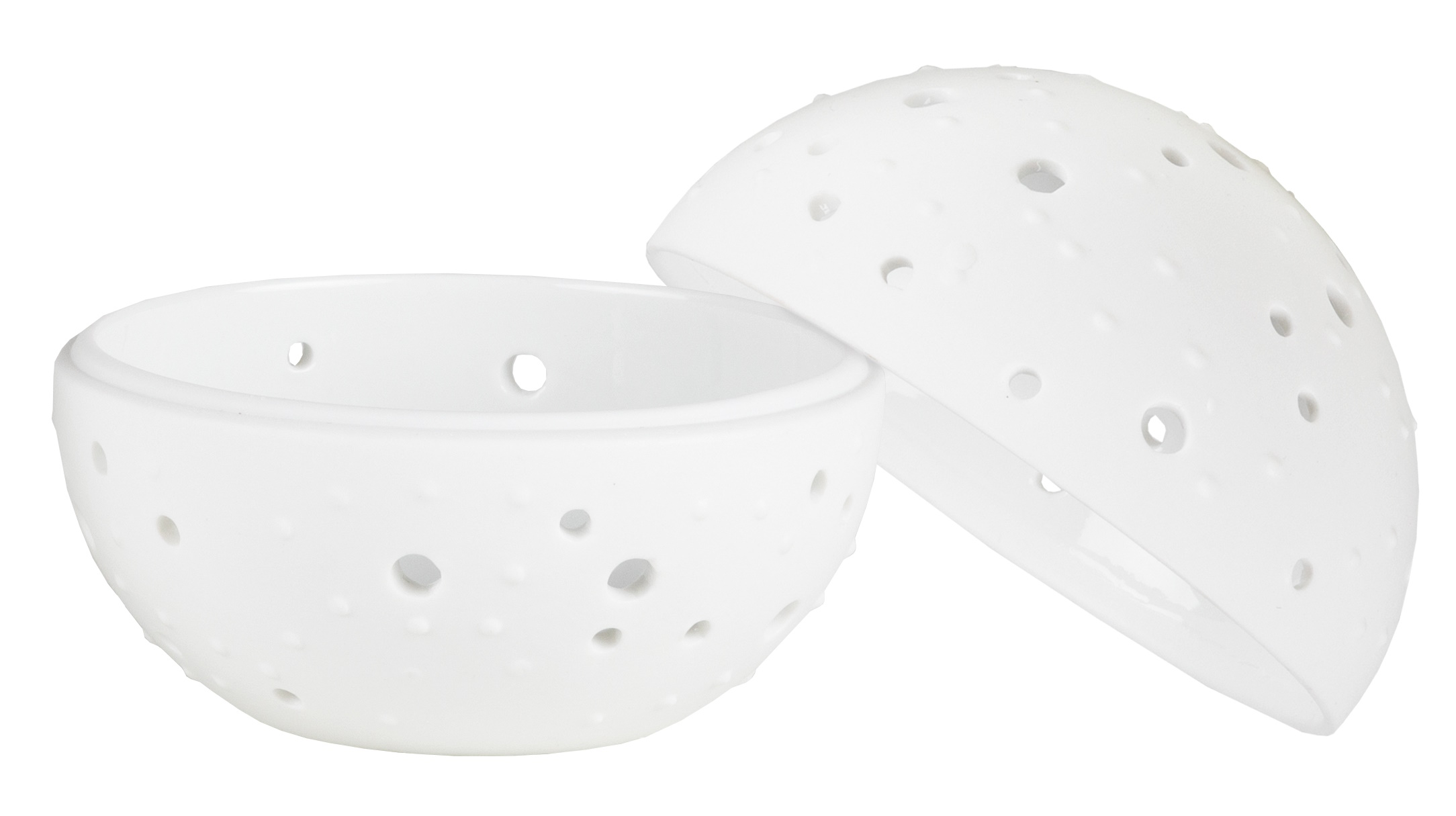 Weiße Living Wunderkugel mit Punktmuster und Löchern, dekoratives Einzelstück für Wohnraumgestaltung.