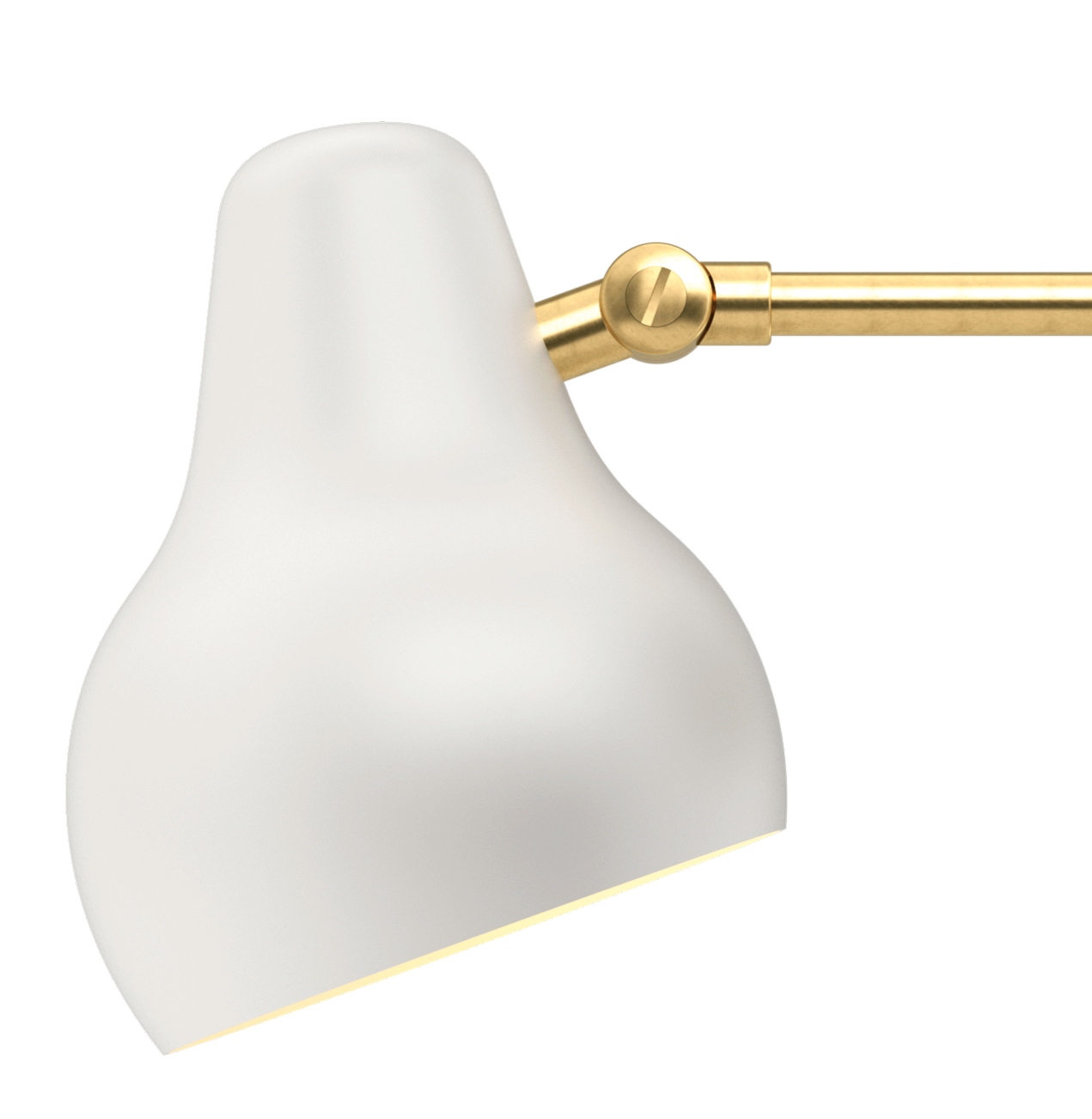 Nahaufnahme der VL38 Wandleuchte von Louis Poulsen in Weiß mit goldenem Arm.