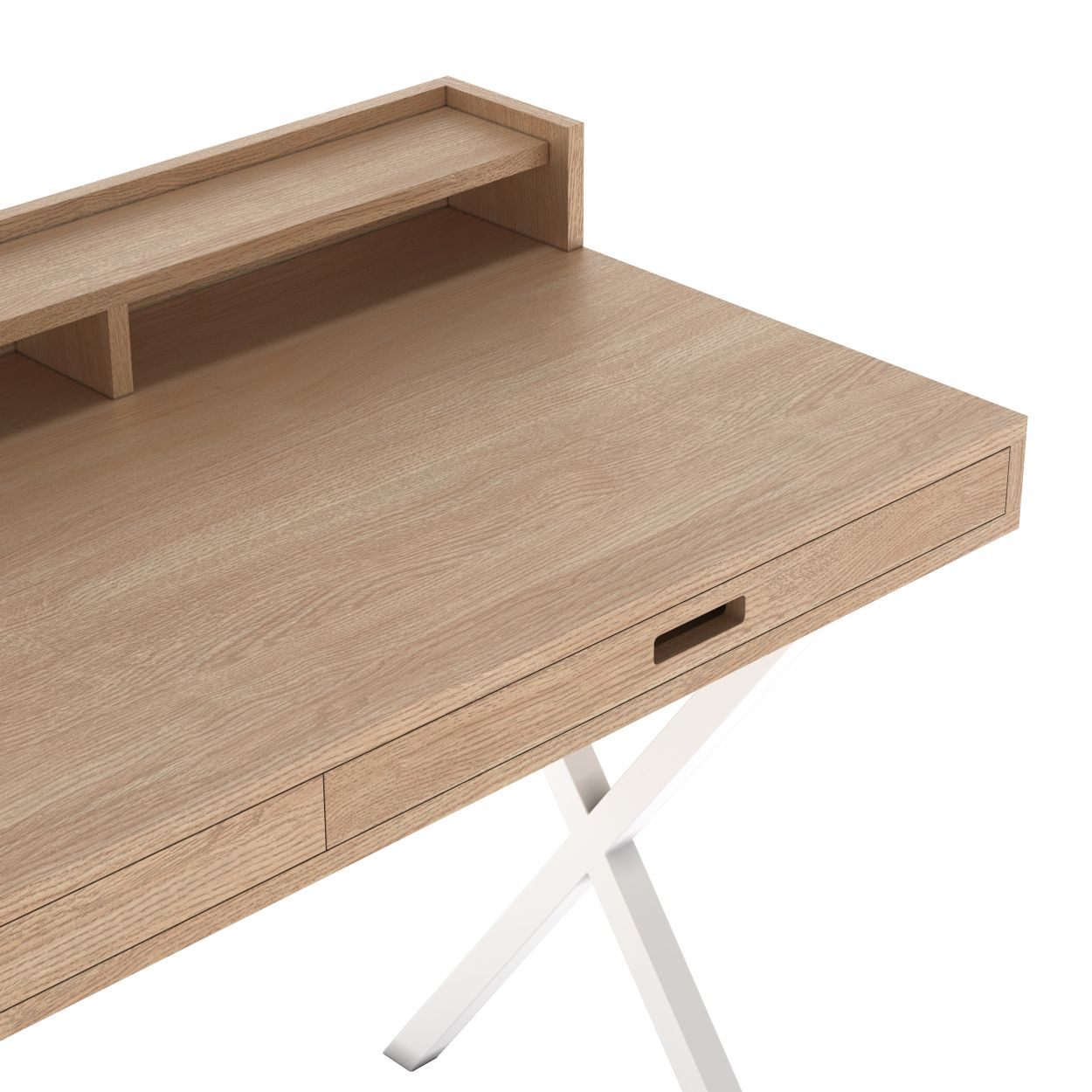 Detailaufnahme Hyppolite Sekretär von Hartô: Holzschreibtisch mit weißem Metallgestell und Schubladen. Ideal für Homeoffice.