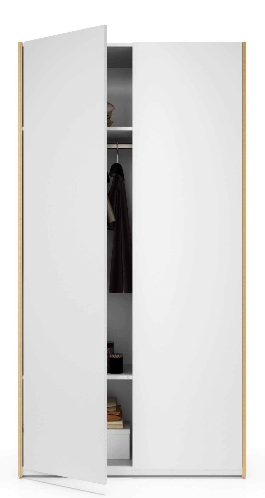 Weißer MODULAR Schrank von Müller Möbelwerkstätten mit offener Tür und Innenleben.