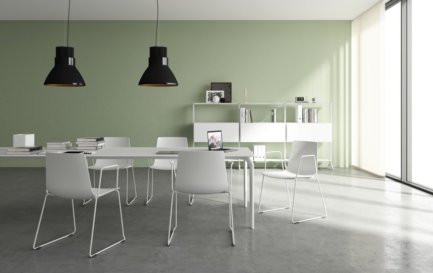 Heller Konferenzraum mit Tec Table Tisch und weißen Stühlen, ideal für moderne Büros und Besprechungen.