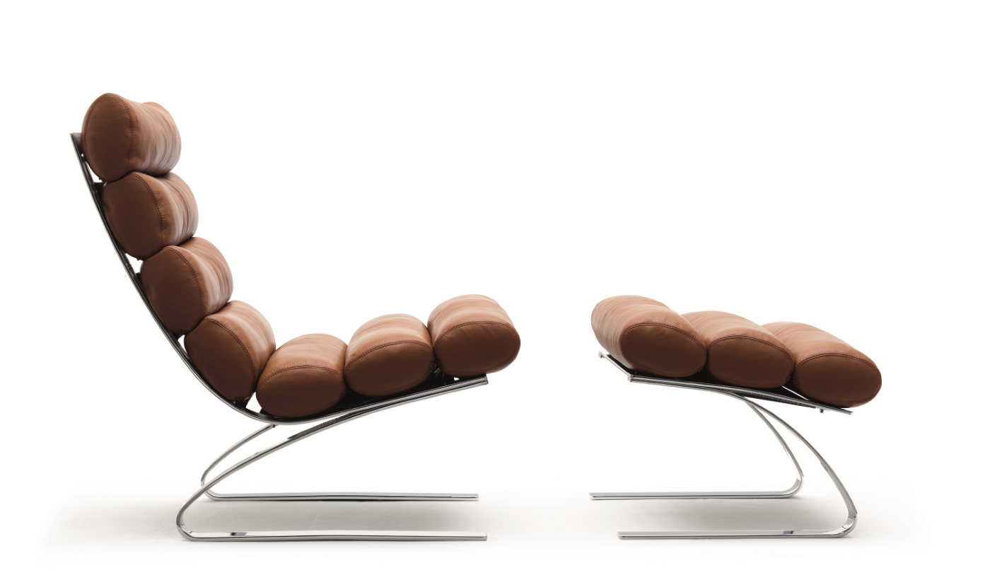 Sinus Sessel von Cor ohne Armlehnen mit Hocker, braunes Leder und Chromgestell. Designklassiker.