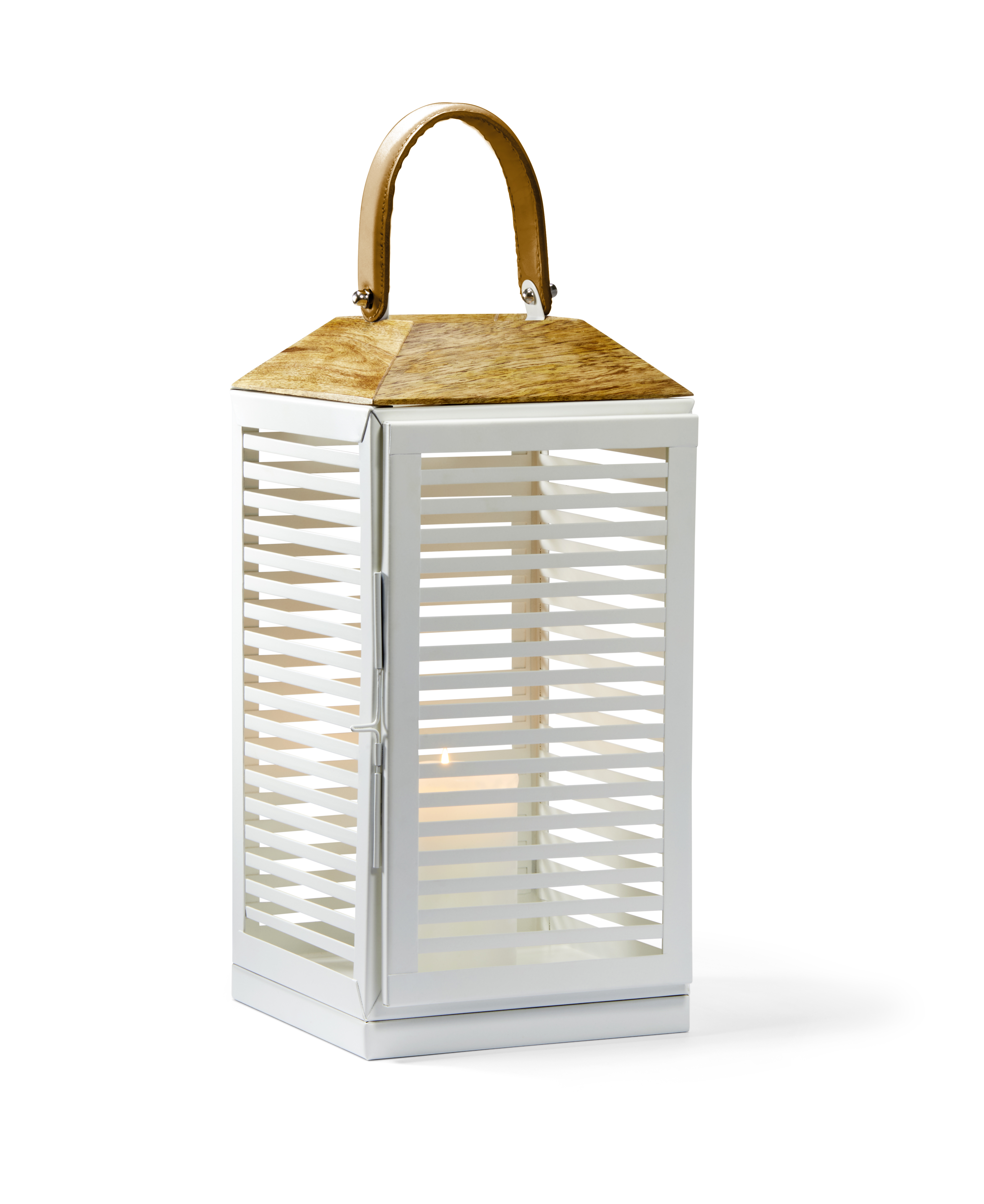 Weiße Philippi Laterne L mit Holzdeckel und Ledergriff, inklusive Kerze für stimmungsvolle Beleuchtung.