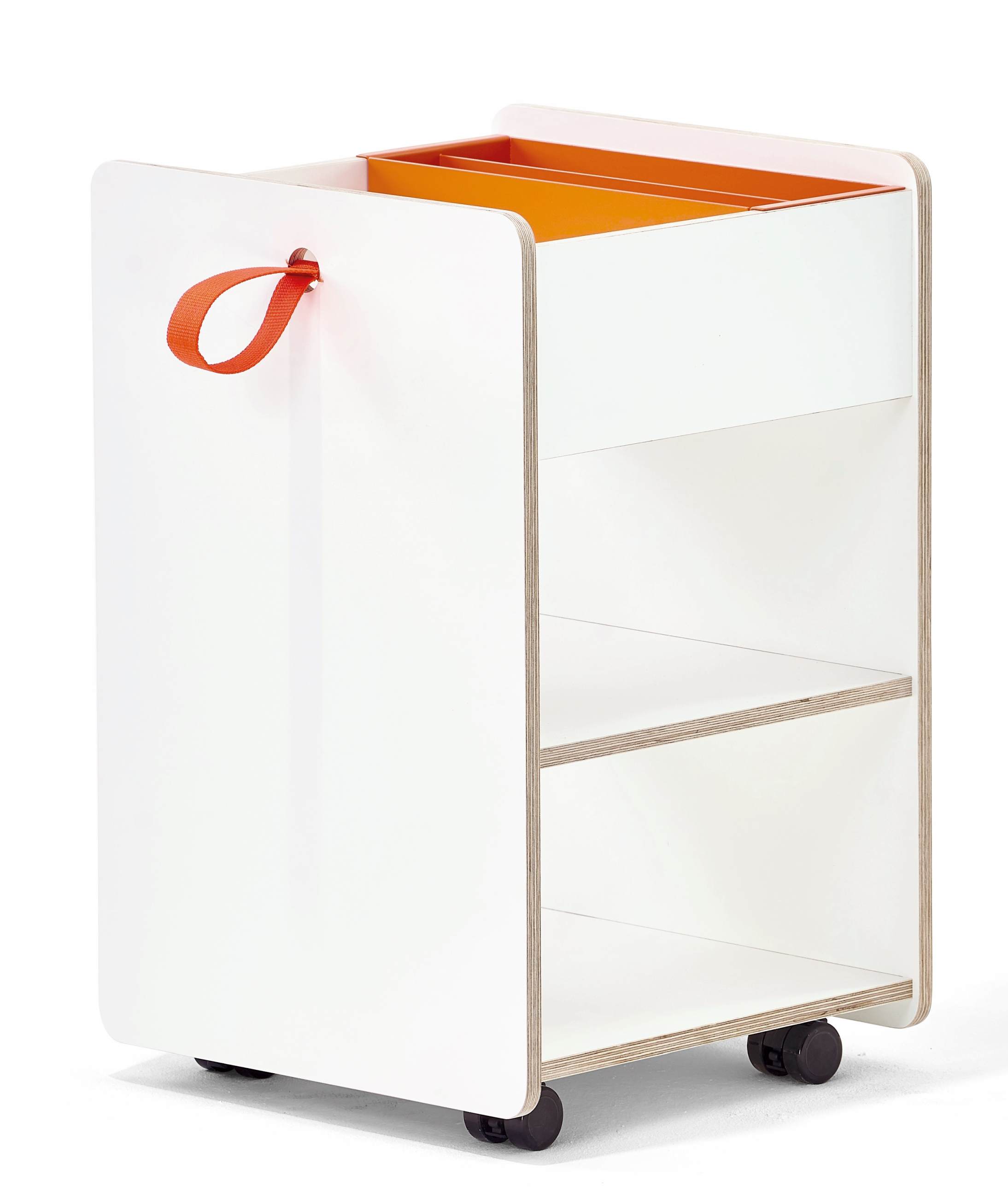 Weißer Kindercontainer Fixx von Richard Lampert mit Rollen, Griff und orangefarbenen Hängeordnern.