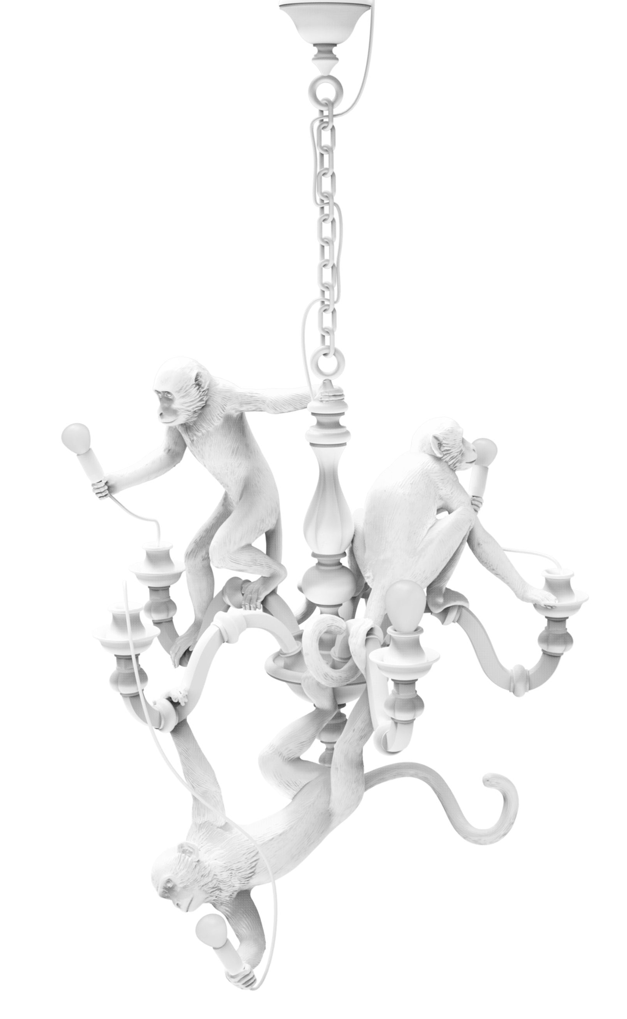 Weiße Monkey Lampe von Seletti: Hängende Affen halten Glühbirnen, originelle Pendelleuchte für Wohnräume.
