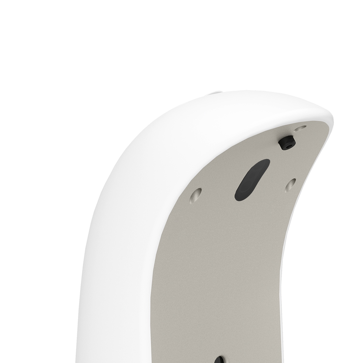 Detailaufnahme: Weißer, automatischer Seifenspender mit Nickelfarbener Rückseite, Emperor Seifenspender für Badezimmer und Küche.