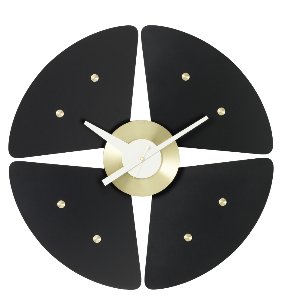 Schwarze Petal Clock Wanduhr von Vitra mit goldenem Ziffernblatt und weißen Zeigern. Design Wanduhr.
