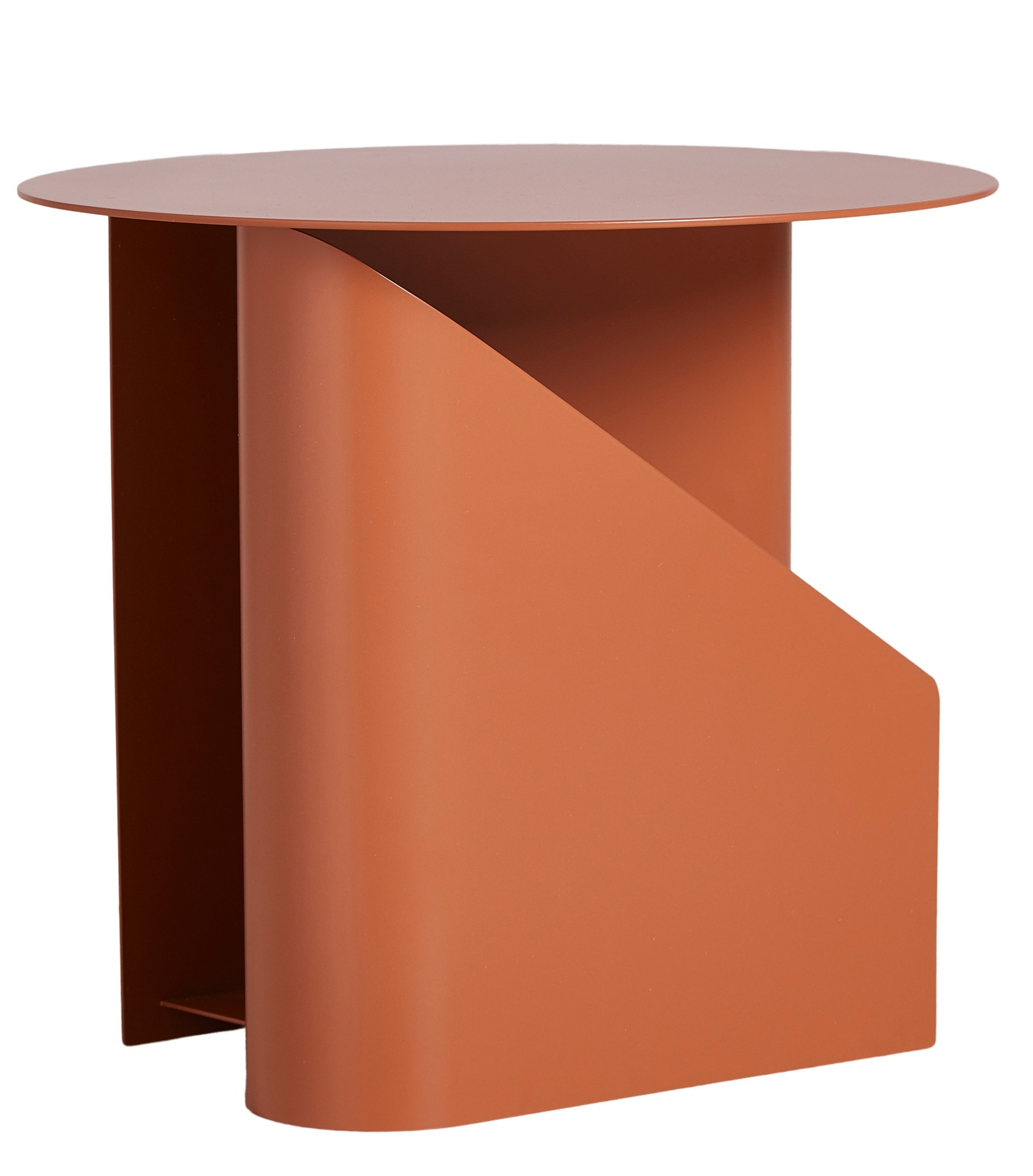 Sentrum Beistelltisch in Burnt Orange von Woud: Moderner Metalltisch mit runder Tischplatte und einzigartigem Design.