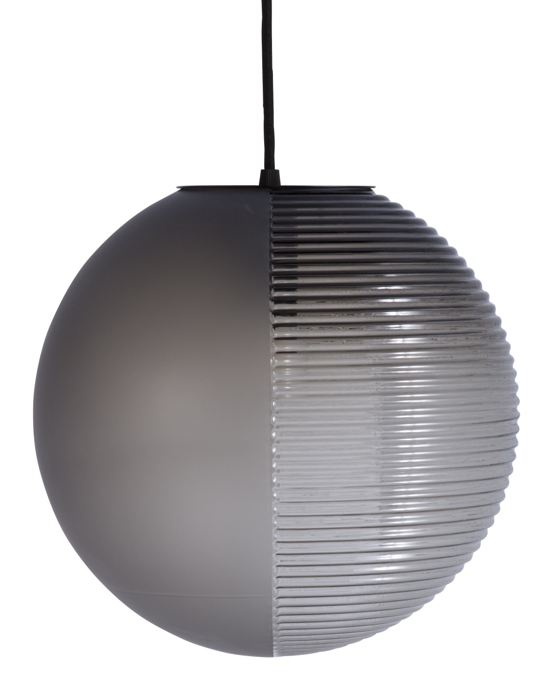 Stellar Pendelleuchte von Pulpo, rauchgraue Glaskugel, halb glatt, halb geriffelt, modernes Design.