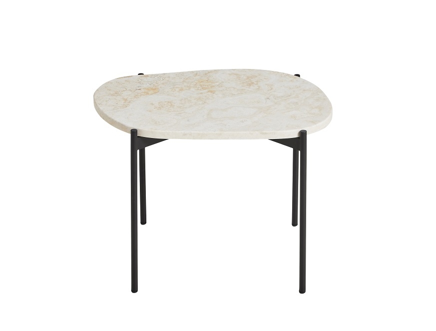 Woud La Terra Couchtisch mit beiger Marmorplatte und schwarzem Metallgestell.