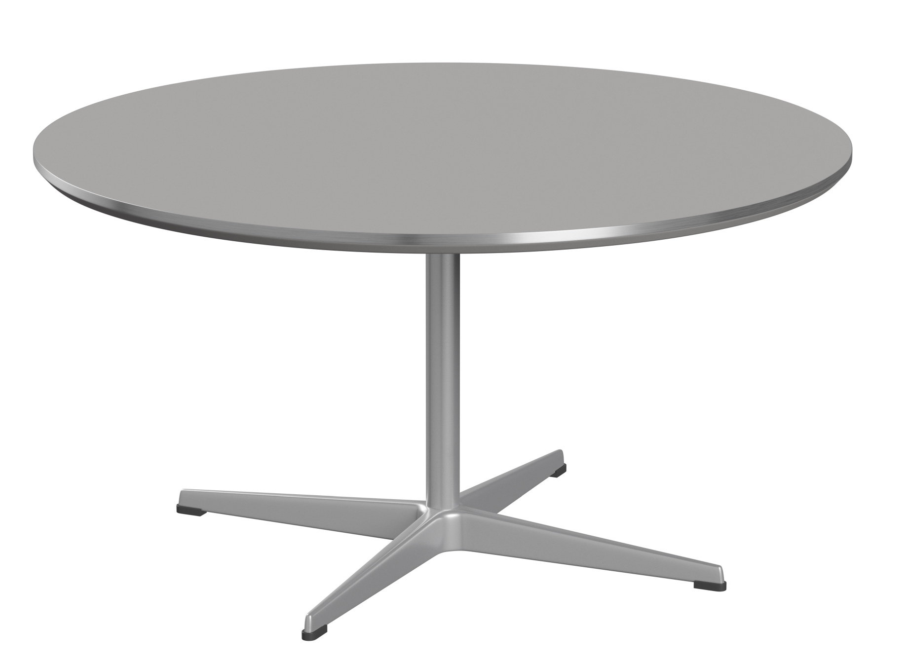 Silberner Fritz Hansen Couchtisch, rund, mit zentralem Fuß und vierbeiniger Basis.