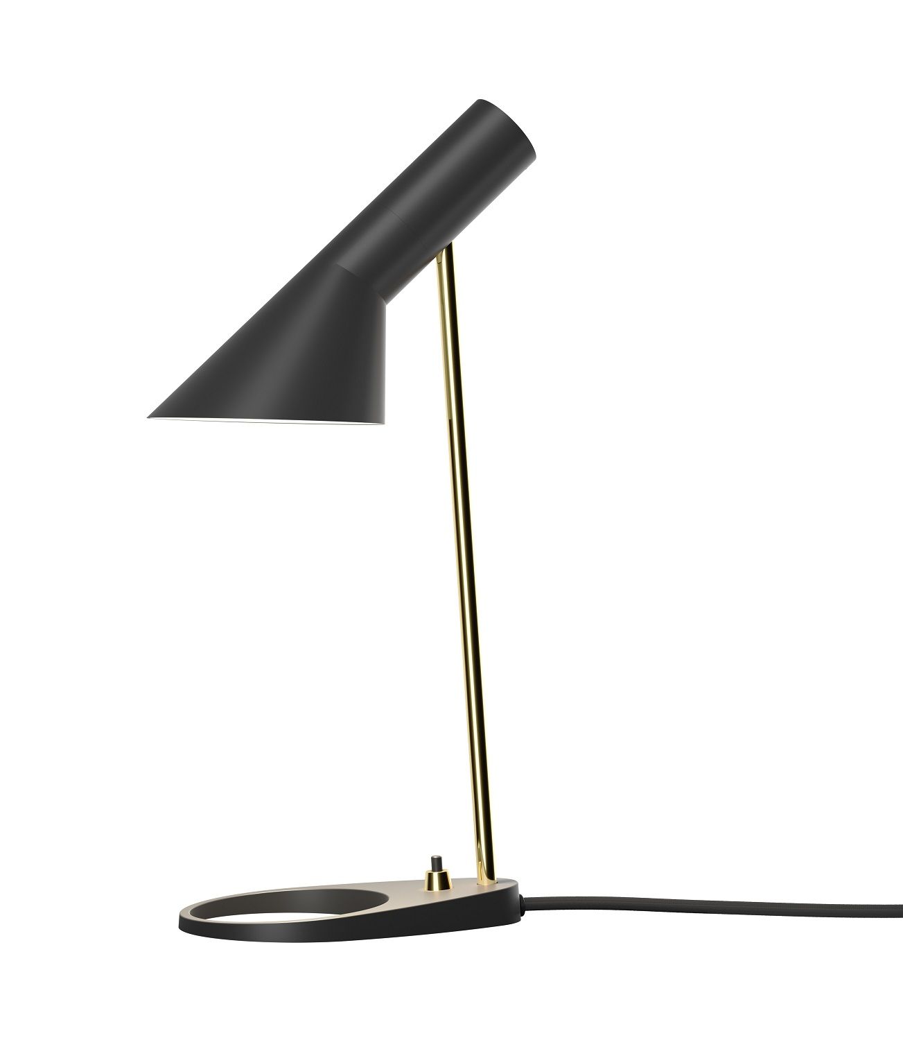 Schwarze AJ Mini Tischleuchte von Louis Poulsen mit goldenem Gestell und modernem Design.