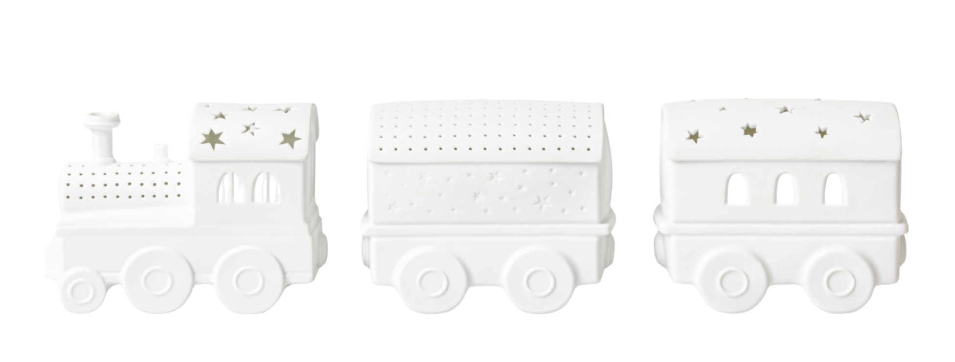 Weißes LED Lichtzug Set mit Rädern und Sternenmuster, Dekoration für Kinderzimmer.