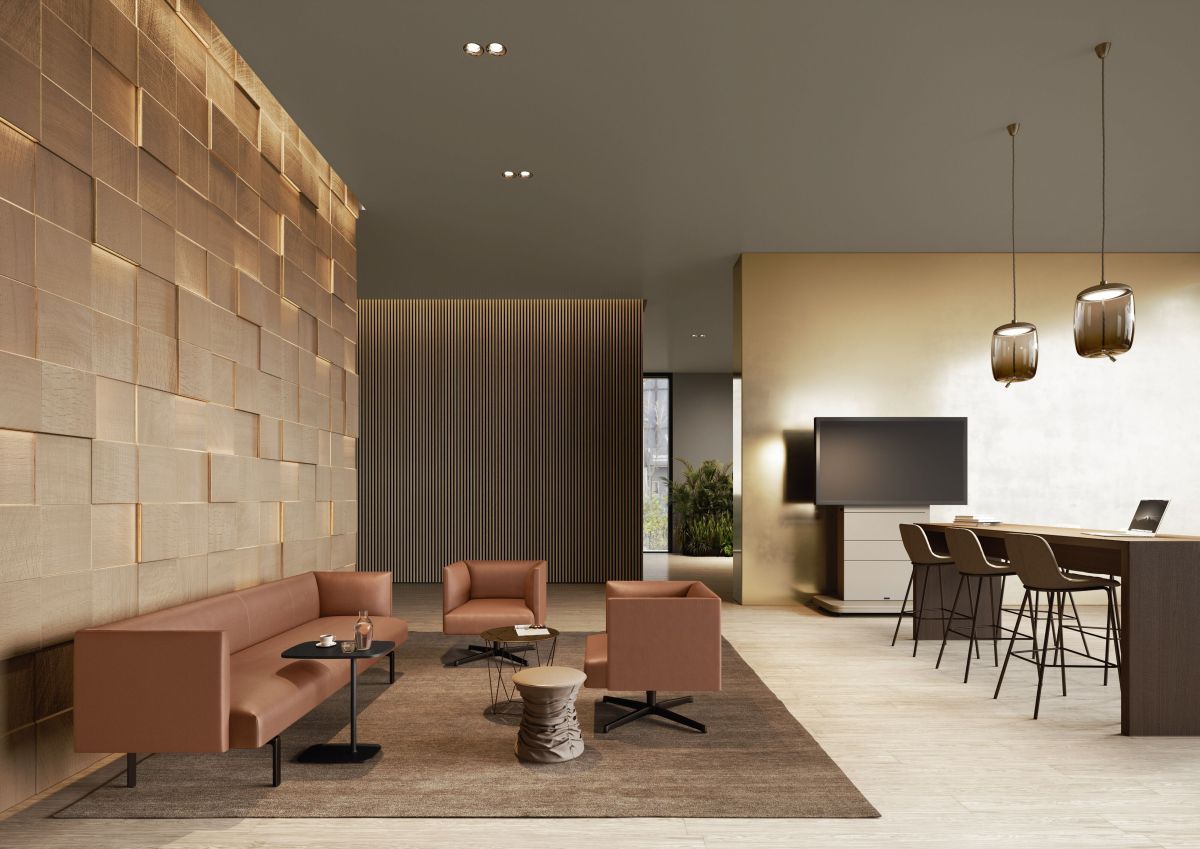 Moderner Muud Lite Loungesessel von Walter Knoll in einem stilvollen Wohnzimmer mit Ledersofa.