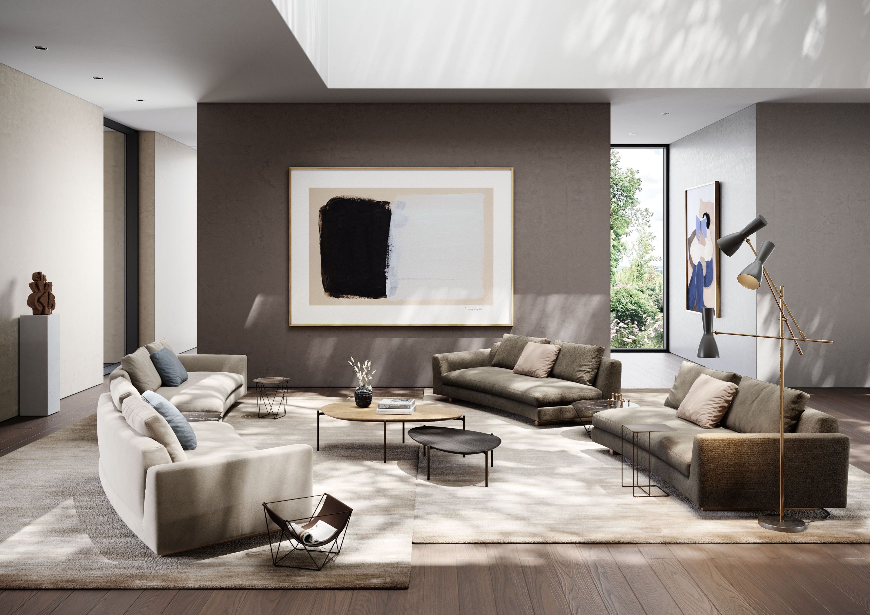 Wohnzimmer mit Ishino Wood Table Beistelltisch von Walter Knoll, Couch, Teppich und Kunst.
