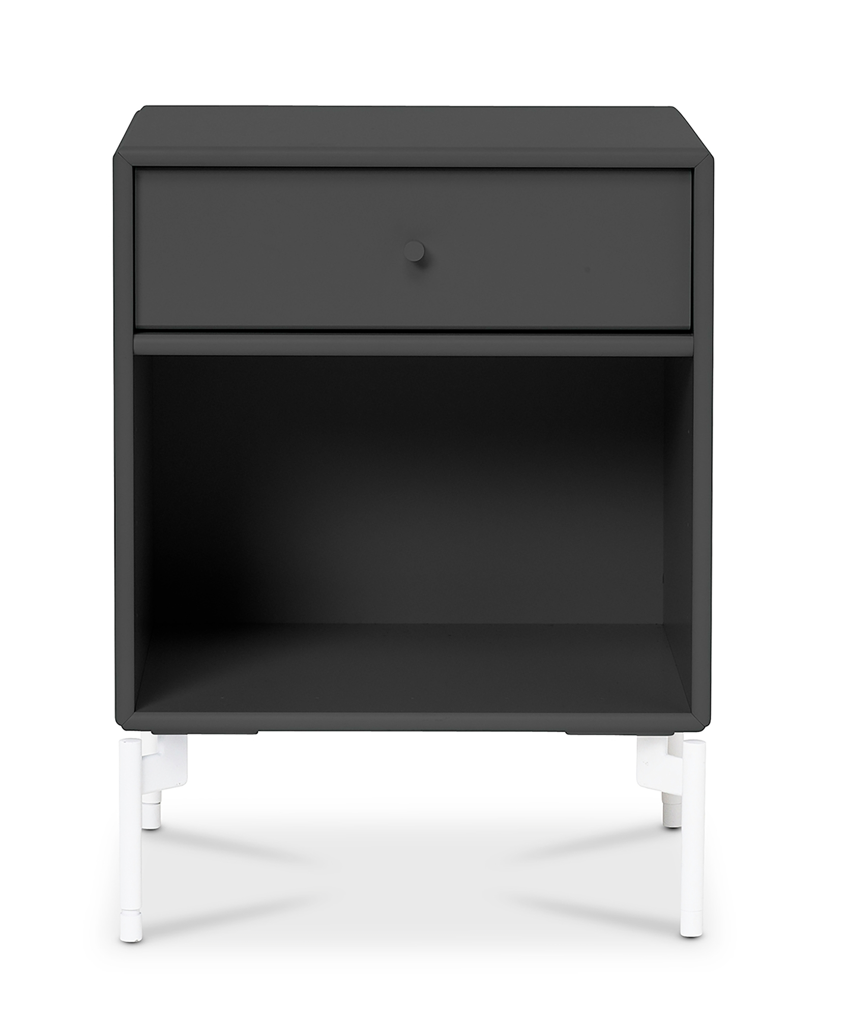 Dunkelgrauer DREAM Nachttisch mit Schublade und offenem Fach, stehend auf weißen Füßen.