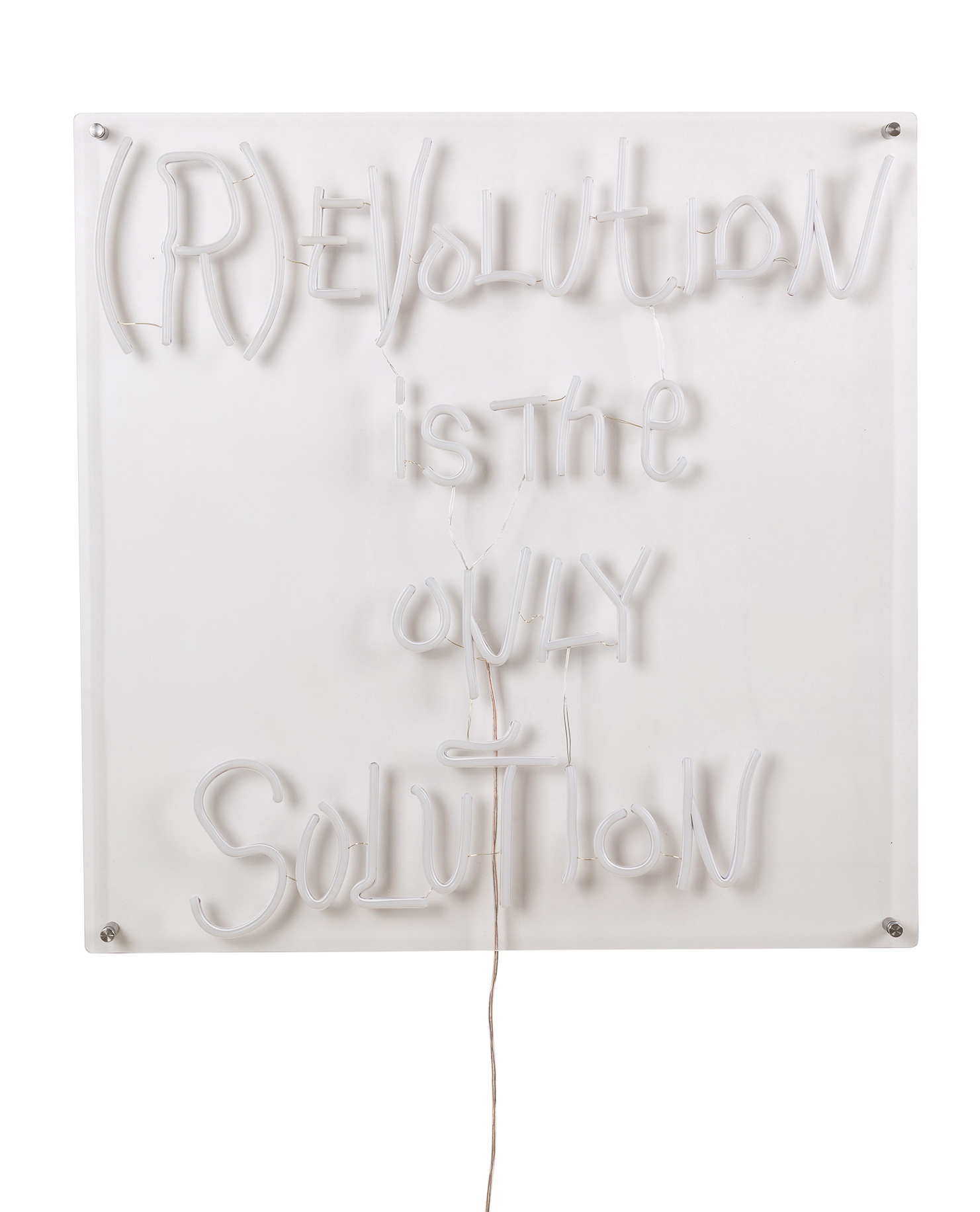 Weiße Revolution LED Wandleuchte von Seletti mit dem Schriftzug "Revolution is the only Solution".