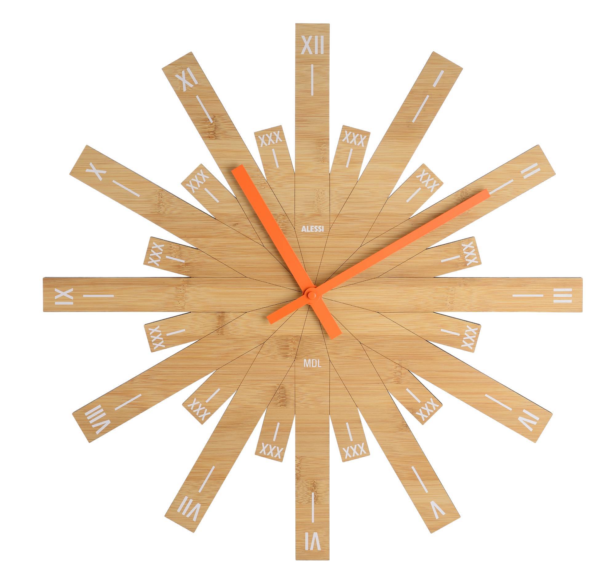 Alessi Wanduhr MDL05 Raggiante aus Holz mit orangefarbenen Zeigern, modernes Design für Wohnzimmer und Küche.