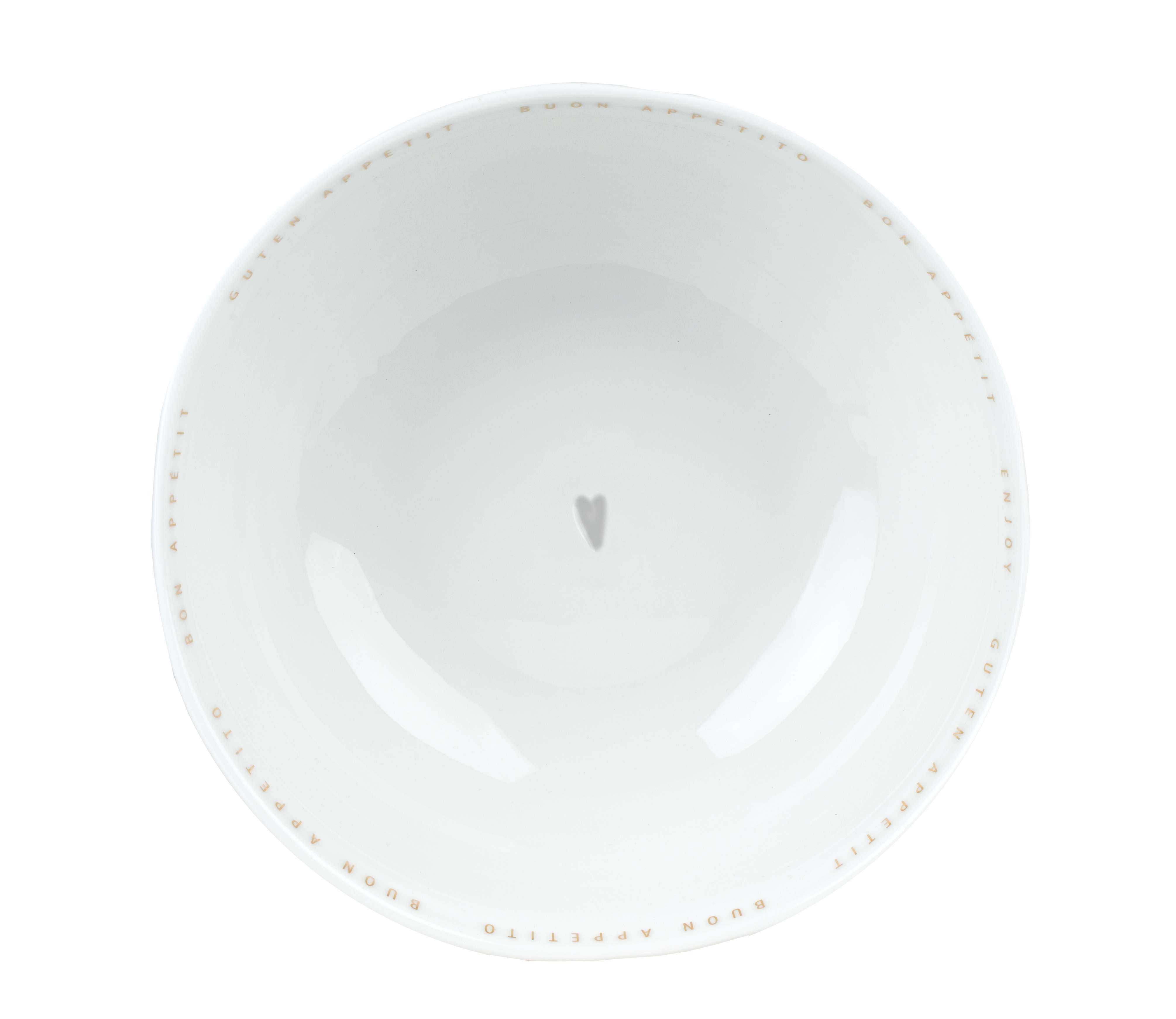 Weiße "Guten Appetit" Schüssel von Räder mit kleinem Herz in der Mitte, Draufsicht.