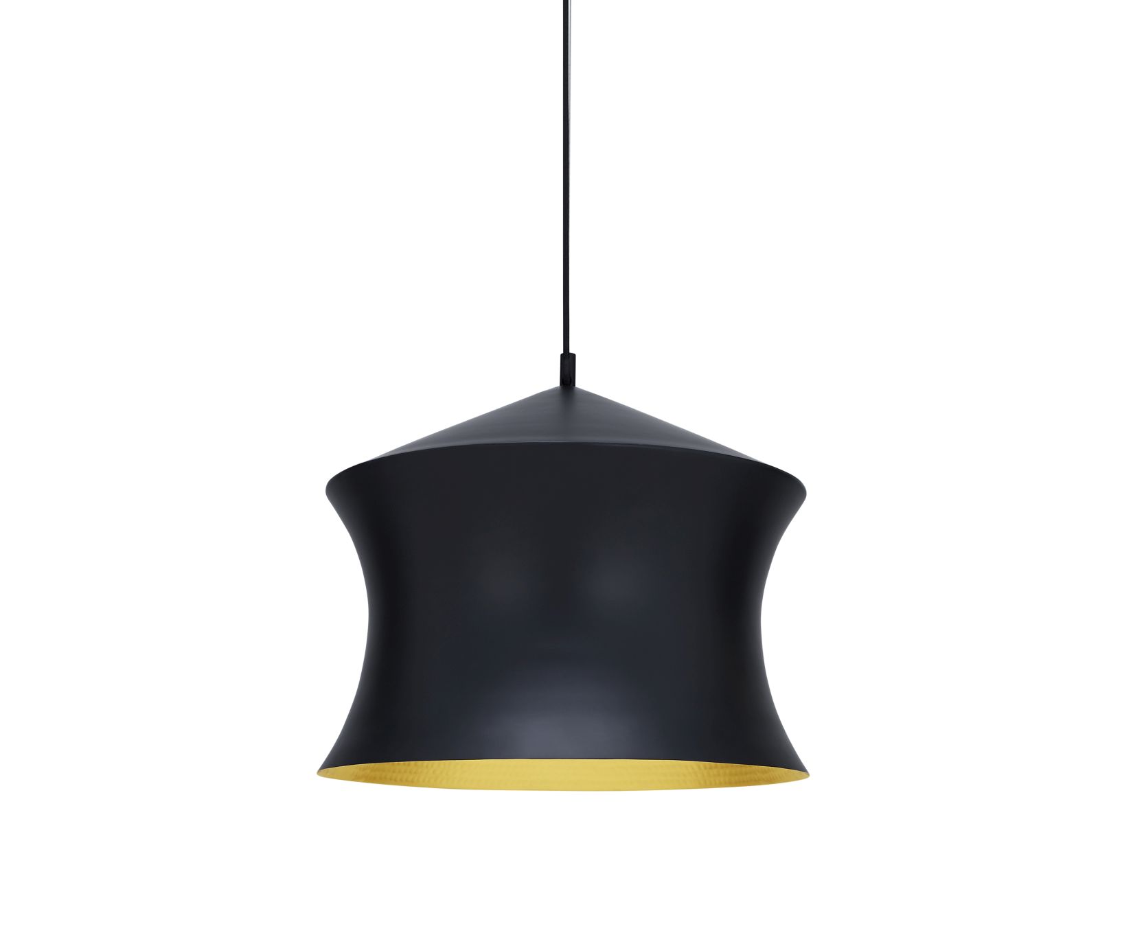 Schwarze Tom Dixon Beat Waist Pendelleuchte mit goldener Innenseite, moderne LED Hängelampe für Wohnzimmer.