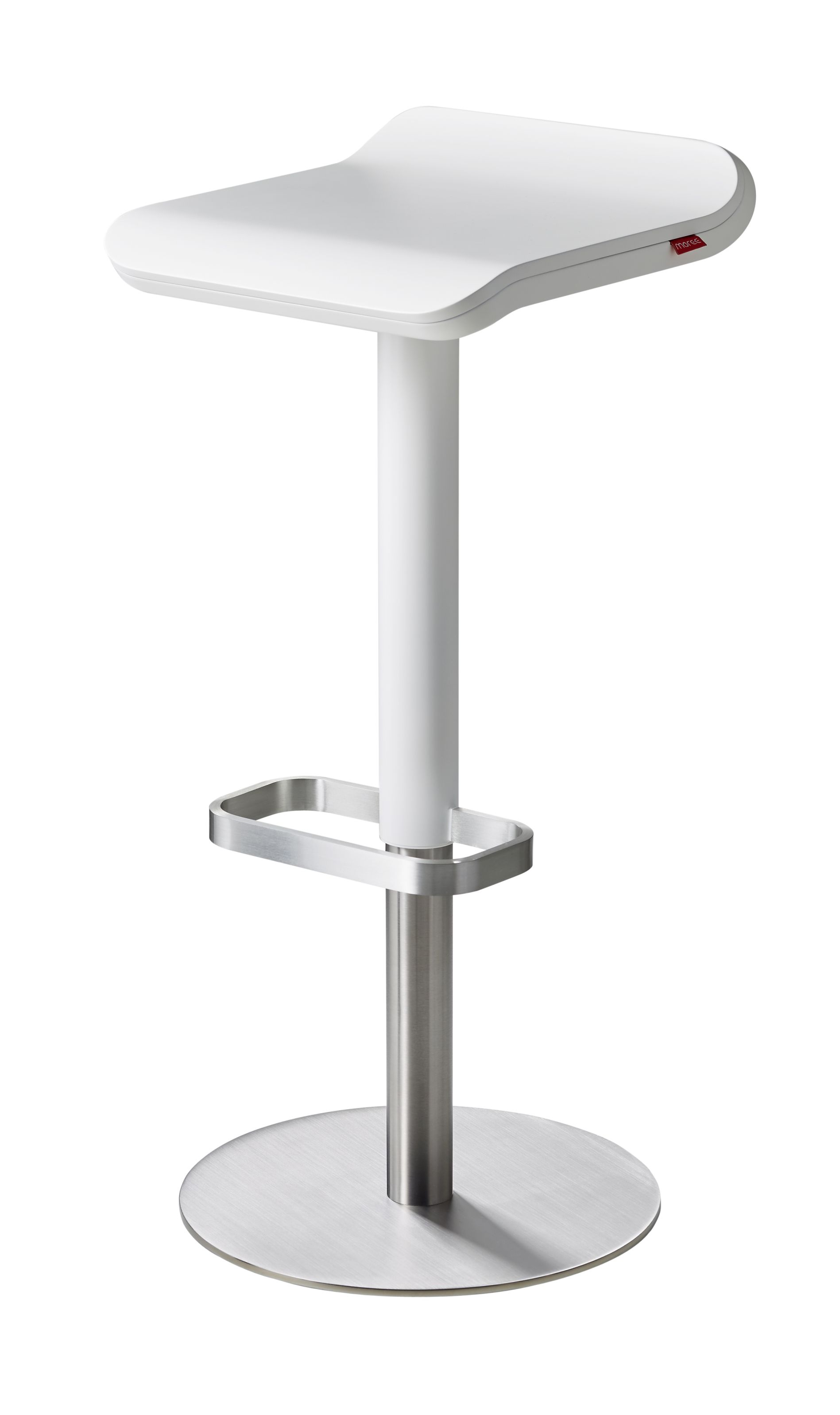 Weißer ED Barhocker von Moree, höhenverstellbar mit Fußstütze und rundem Fuß für die Küche.