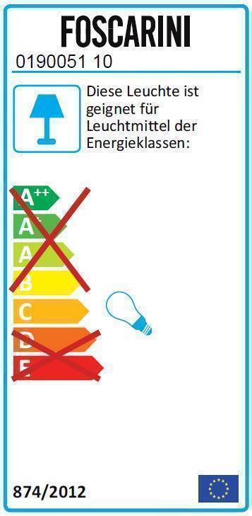 Energielabel für Foscarini Leuchte, zeigt inkompatible Energieklassen für diese Wandleuchte.
