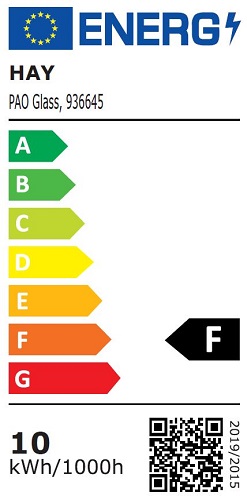 Energieeffizienzlabel für die Hay Pao Glass Tischleuchte mit der Energieeffizienzklasse F.
