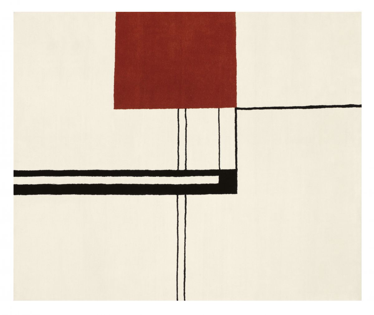 Wendingen Teppich 300x250cm von ClassiCon: Detailansicht des modernen Teppichs mit geometrischen Formen in Rot, Schwarz und Weiß.