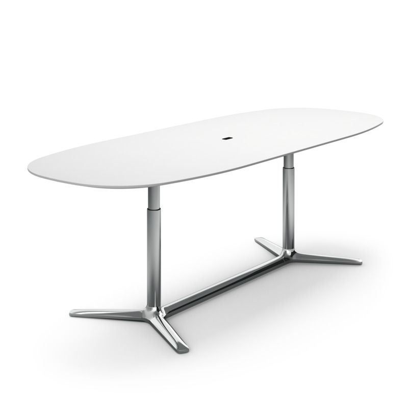 Weißer, ovaler Lift Konferenztisch von Brunner mit höhenverstellbarem, silberfarbenem Gestell für moderne Büros.