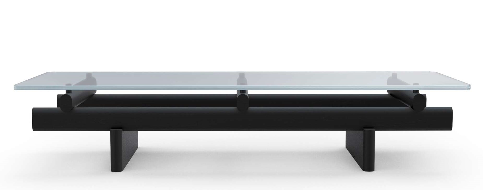 Moderner Cassina Couchtisch Sengu Coffee Table mit Glasplatte und schwarzem Holzgestell.