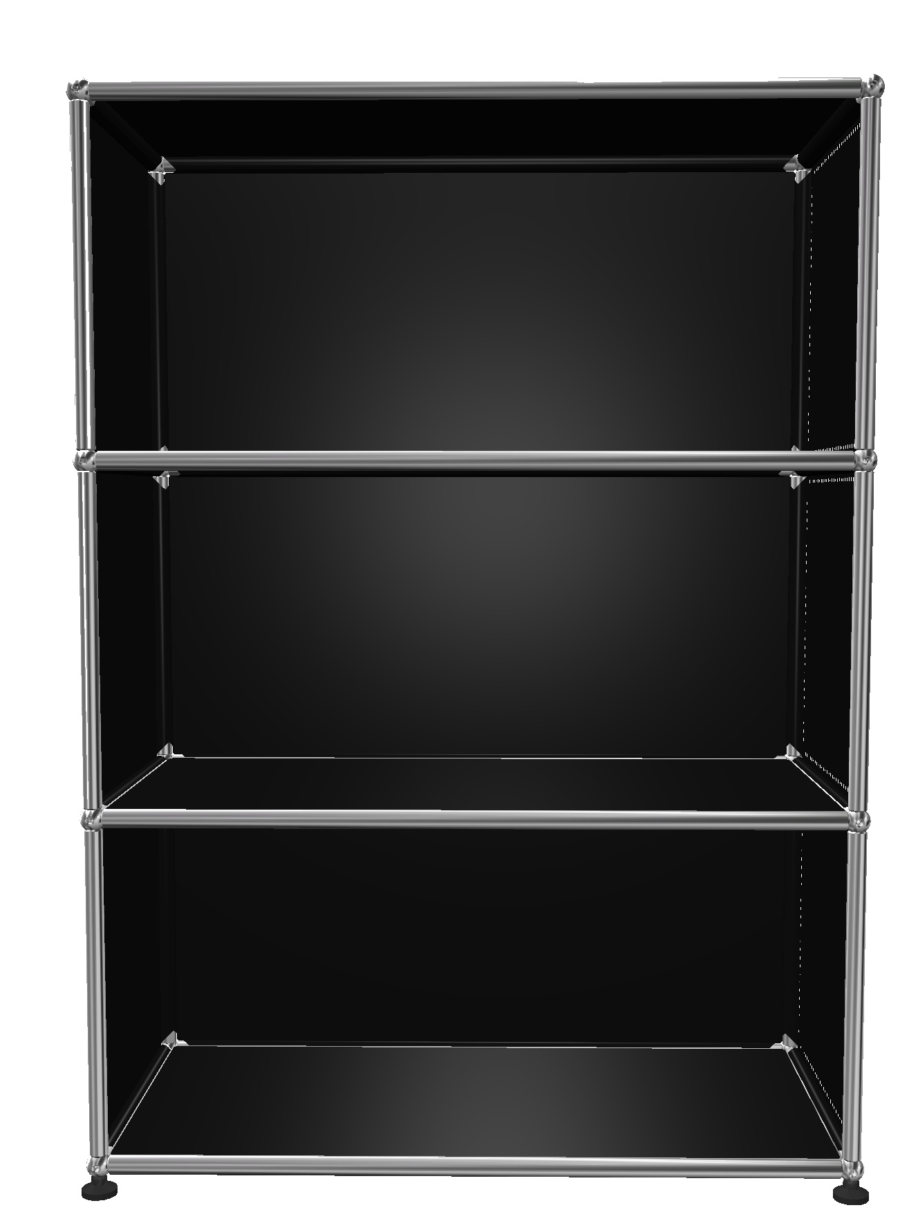 Offenes USM Haller Highboard in Graphitschwarz mit drei Fächern und verchromtem Gestell.