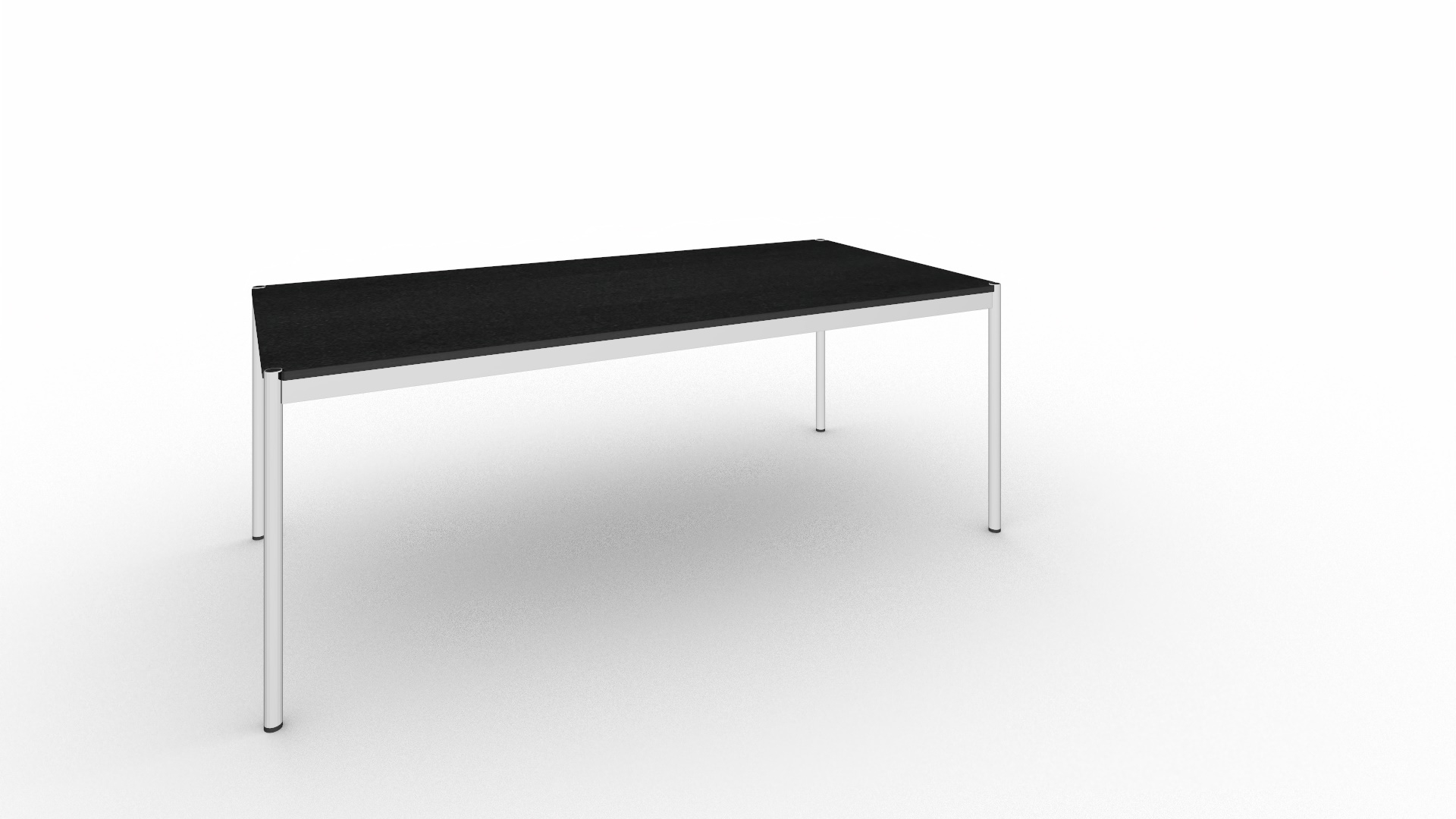 USM Haller Tisch mit schwarzer Tischplatte und verchromtem Gestell, modernes Design für Büro und Zuhause.