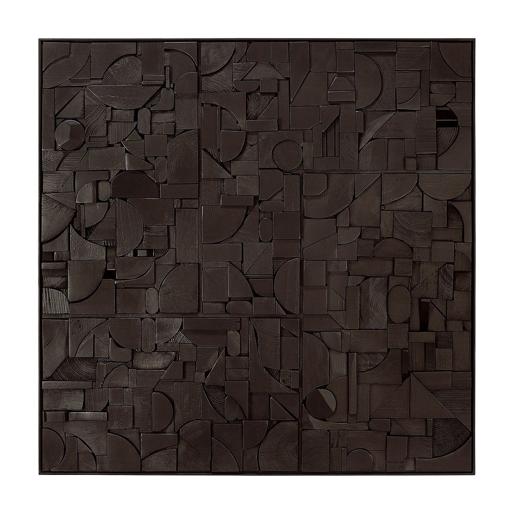 Bricks Wandkunst aus Holz von Ethnicraft: Quadratisches Wandbild mit dunklen Holzformen.