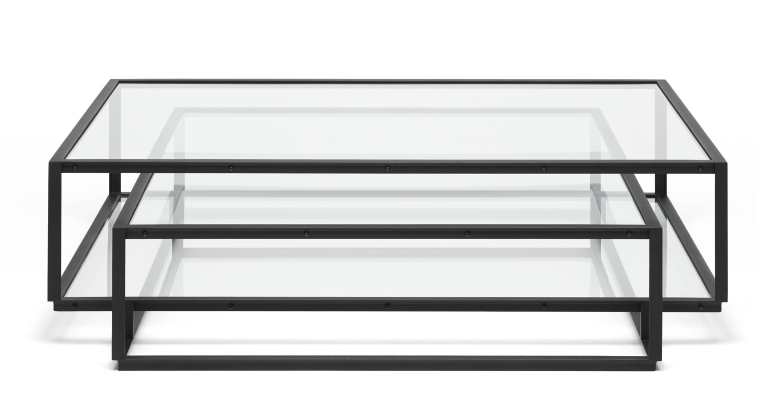 Tangled Square Couchtisch Spectrum mit Glasplatte und schwarzem Metallgestell, moderner quadratischer Wohnzimmertisch.