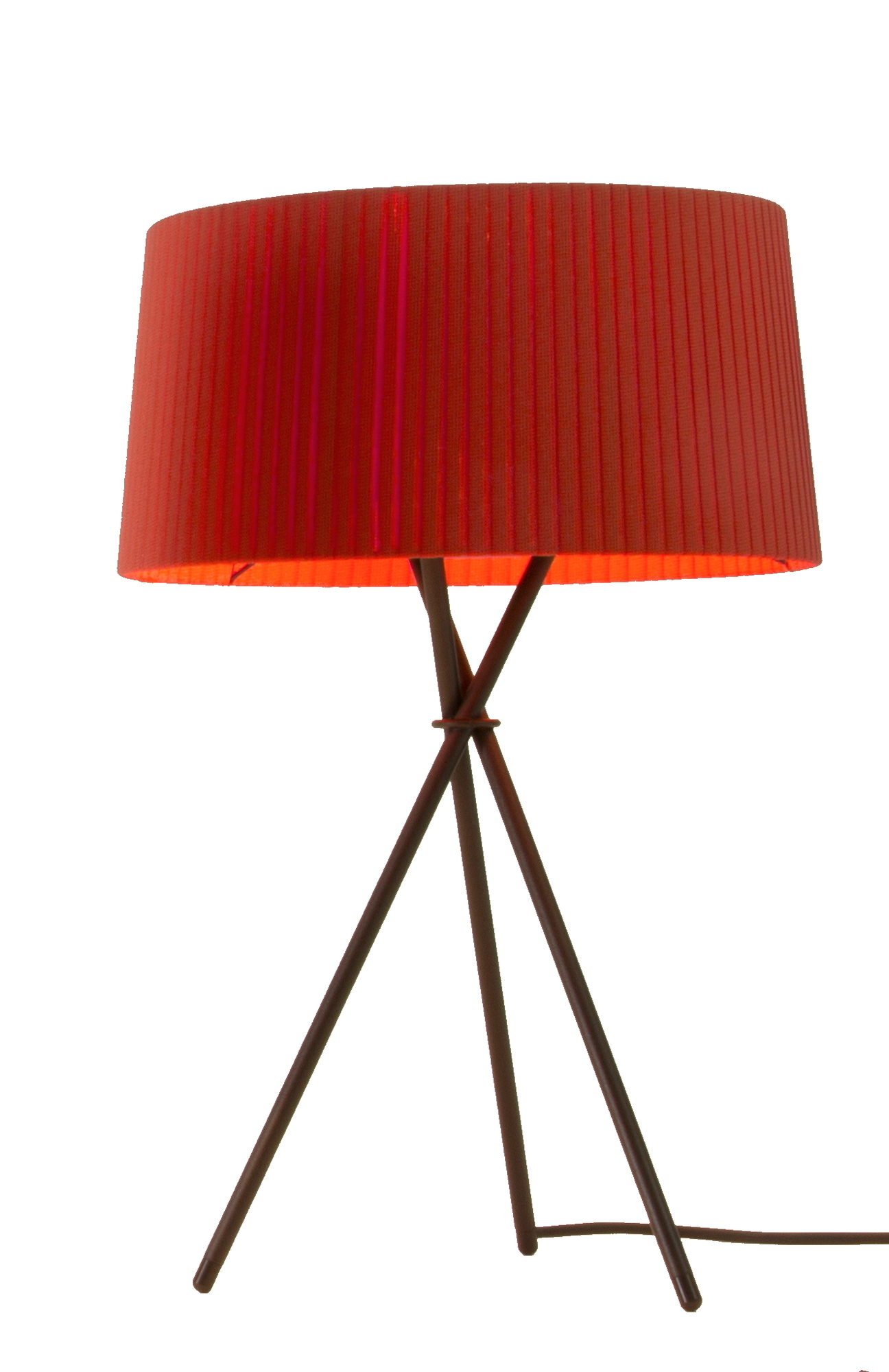 Tripode M3 Tischleuchte von Santa & Cole mit rotem Lampenschirm und schwarzem Stativfuß.