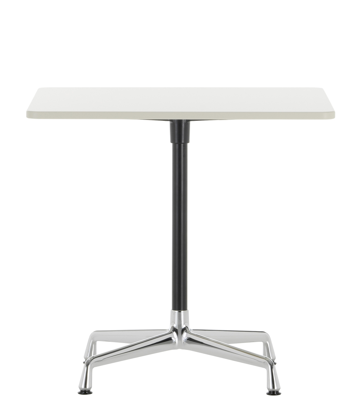 Vitra Eames Contract Table, quadratischer Tisch mit weißer Tischplatte und verchromtem Fußkreuz.