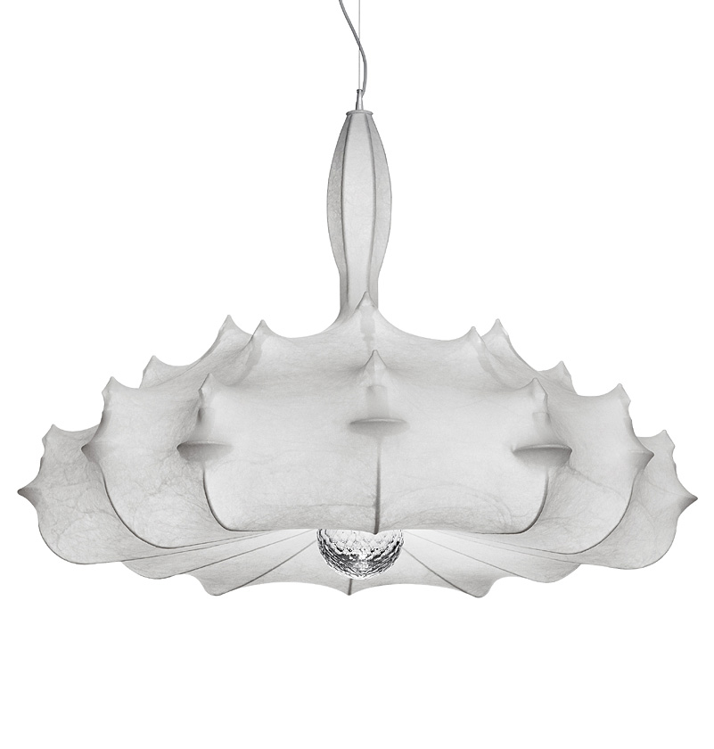 Weiße Flos Zeppelin Hängeleuchte mit kokonartigem Diffusor und funkelndem Kristall, moderne Innenbeleuchtung für Wohnzimmer und Esszimmer.