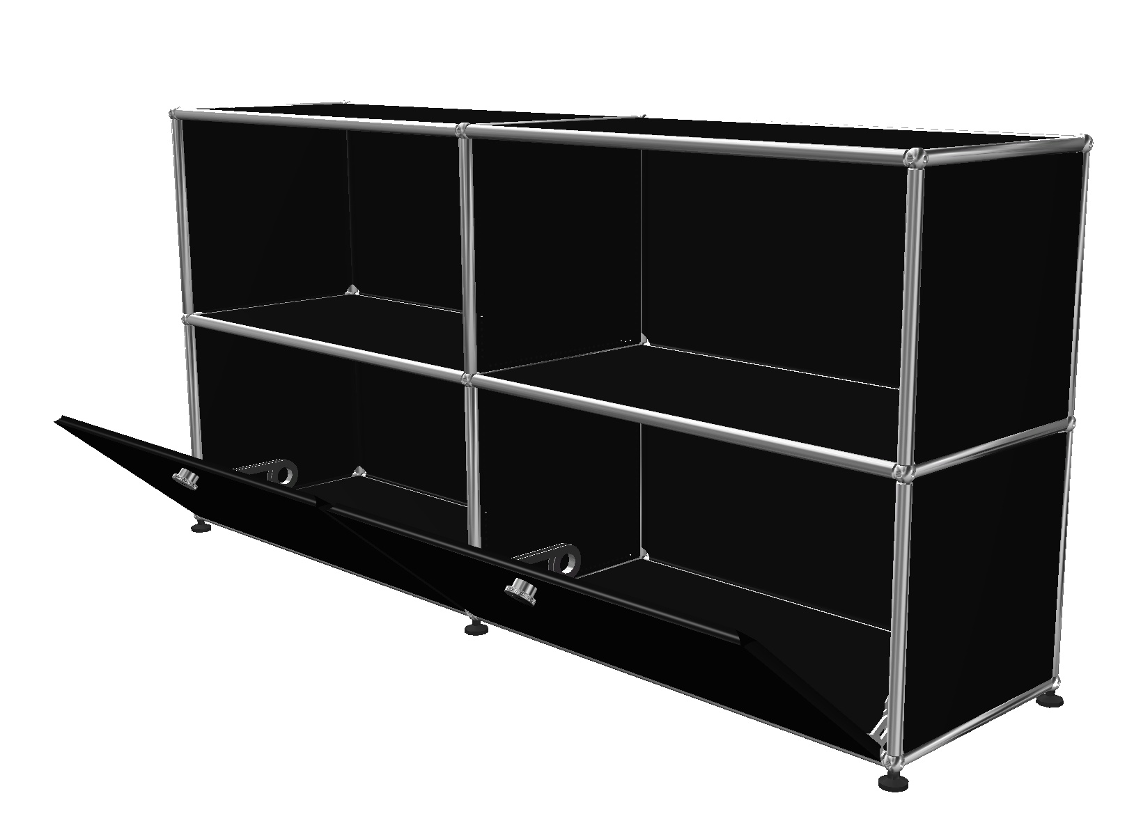 USM Haller Sideboard in Graphitschwarz mit zwei offenen Fächern und zwei Klappen.