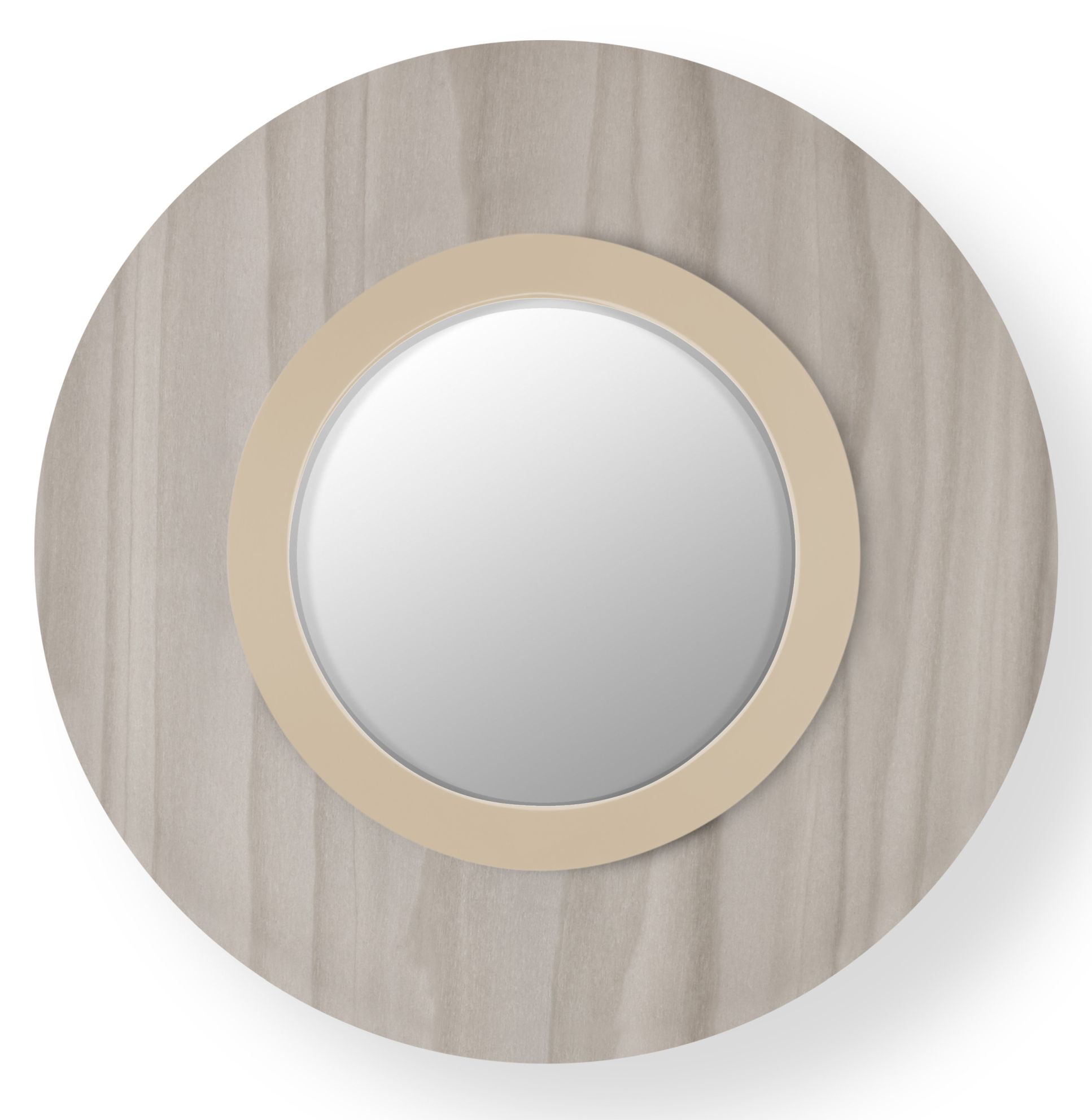 Lens LED Wandleuchte von LZF Lamps: Runde Lampe mit elfenbeinweißem Metallring und grauem Hintergrund.