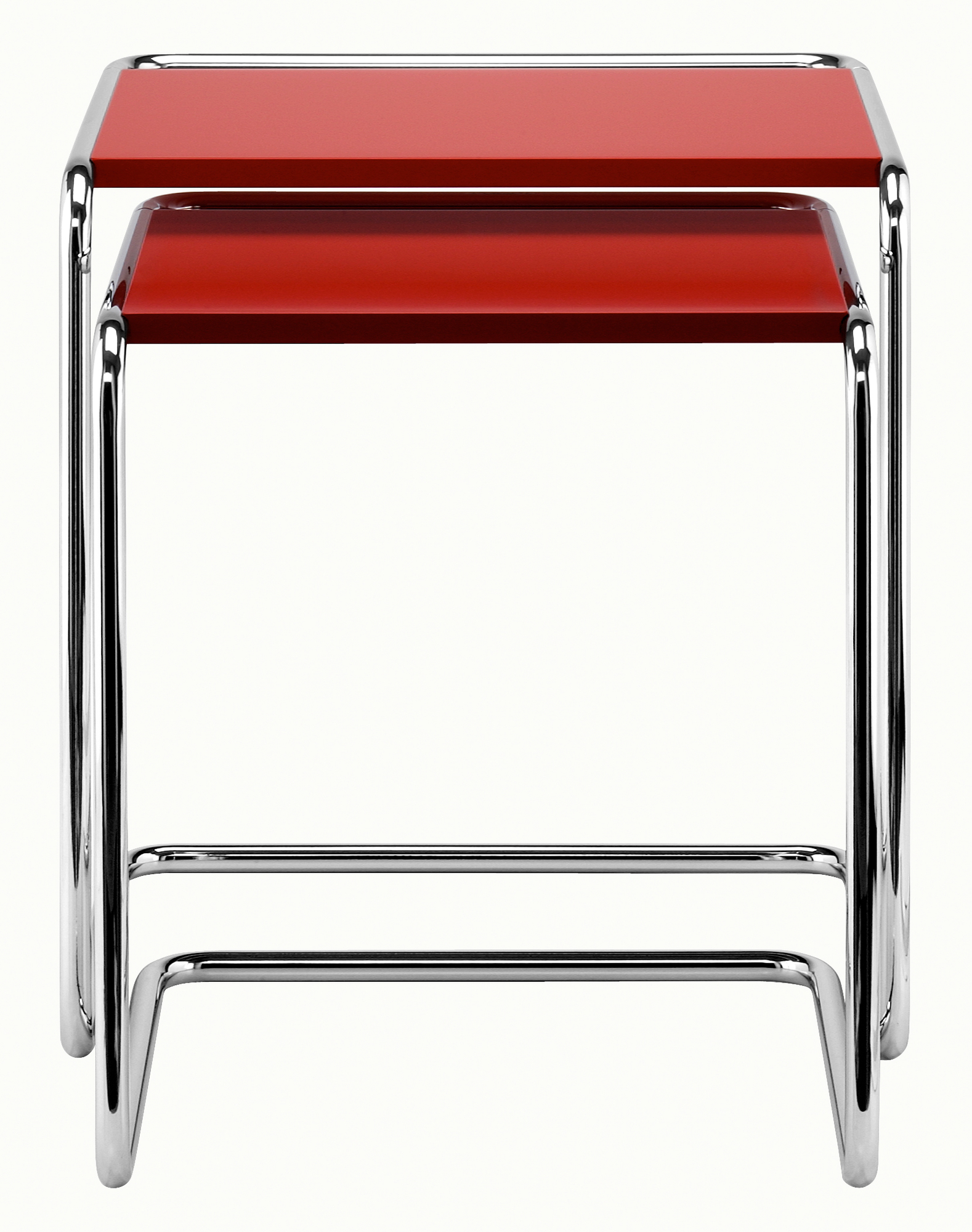 B97 Thonet Beistelltisch Set: Zwei rote Satztische mit verchromtem Stahlrohrgestell. Modernes Design.