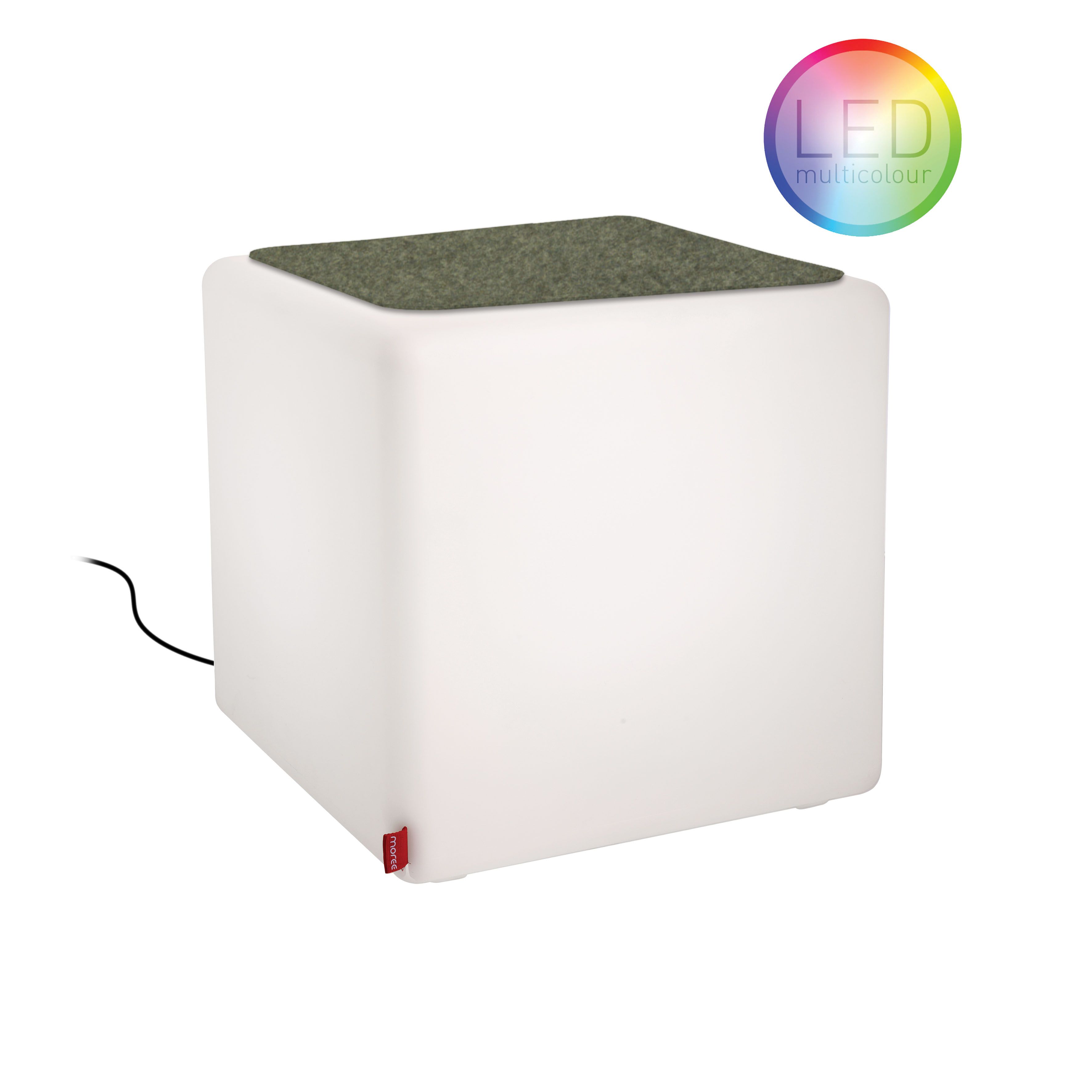 CUBE LED Hocker von Moree, weiß, mit grauer Auflage als Beistelltisch.