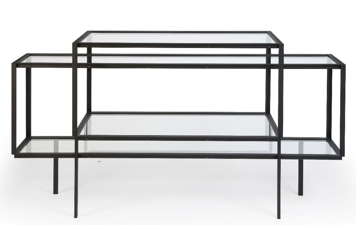 Tangled Kabinettschrank Sideboard Spectrum mit Glasablagen und schwarzem Metallrahmen, modernes Wohnzimmermöbel.