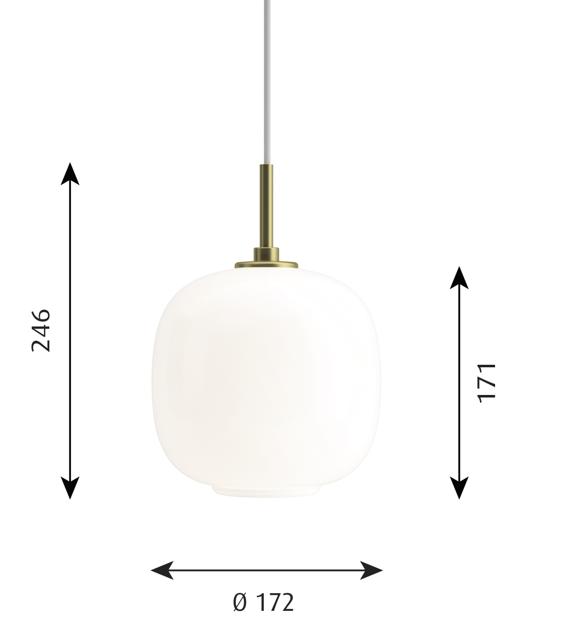 VL45 Radiohus Pendelleuchte von Louis Poulsen, weiße Glasleuchte mit Messingdetails und Maßangaben für E-Commerce.