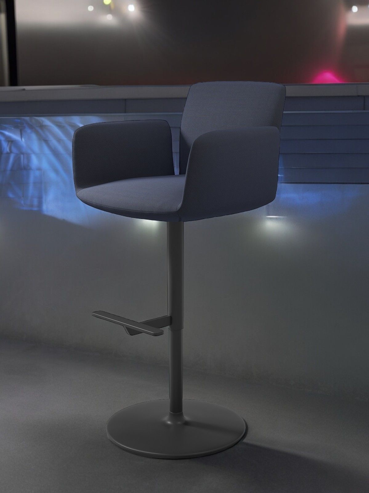 Jalis Barhocker mit Armlehnen, drehbar, Tellerfuß, grauer Bezug. Moderner Barstuhl für Küche und Bar.