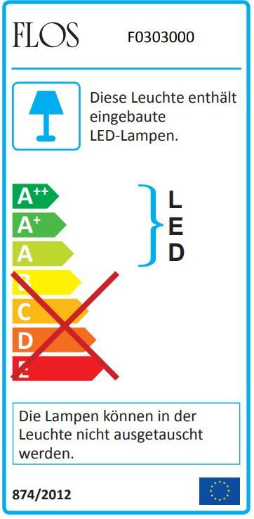 Energieetikett der Flos Arco LED Stehleuchte: Integrierte, nicht austauschbare LED-Lampen und hohe Energieeffizienz.