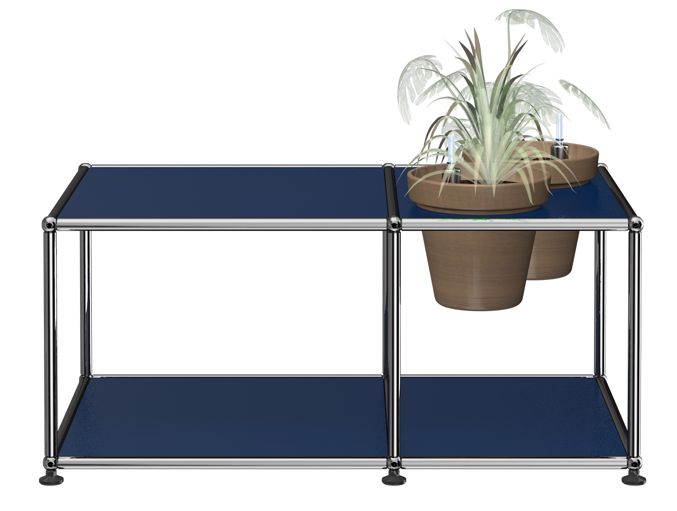 Stahlblauer USM Haller Beistelltisch mit zwei Pflanzen in braunen Töpfen. Moderner Designklassiker für Wohnräume.